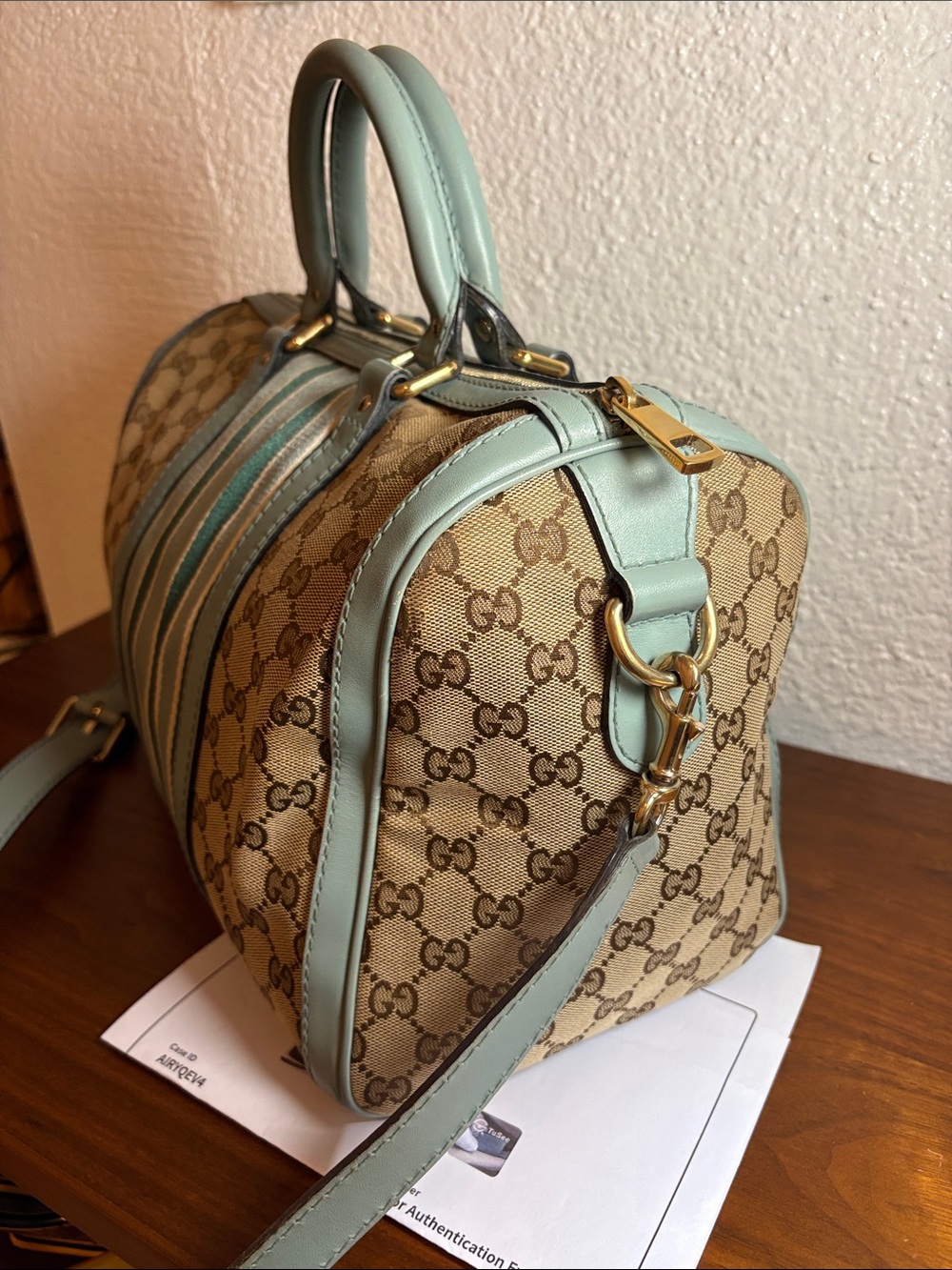 Gucci GG Canvas Boston Bag with Blue Green Stripes - Authentic Vintage COA - Picture 3 of 16